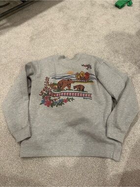 Staple Gray Crewneck Sweatshirt with Embroidered Bear & Floral Scene